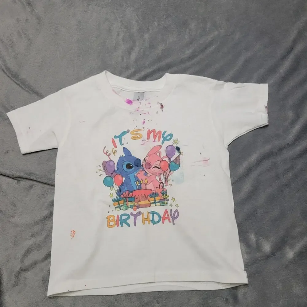 Its My Birthday Shirt Girls 2t Stitch Tee Shirt White Pink Paint Comfort Stretch